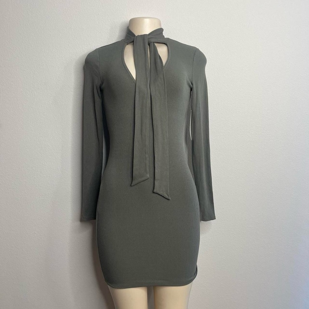 Grey Business Casual Long Sleeve Tie Neck Bodycon Dress